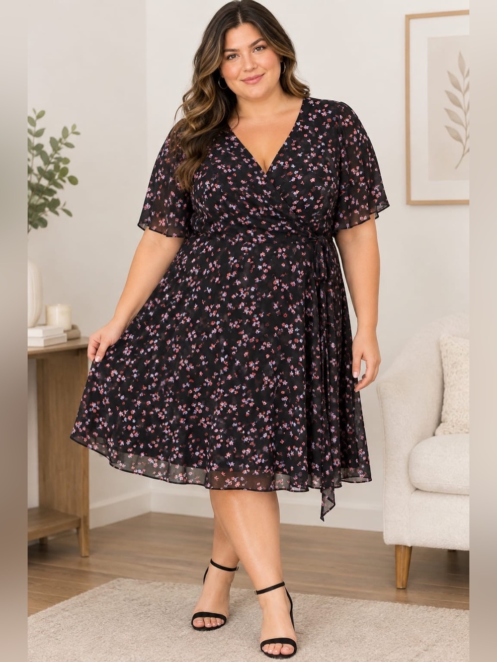 Reitmans Black Floral Wrap Dress with Pink Blossoms